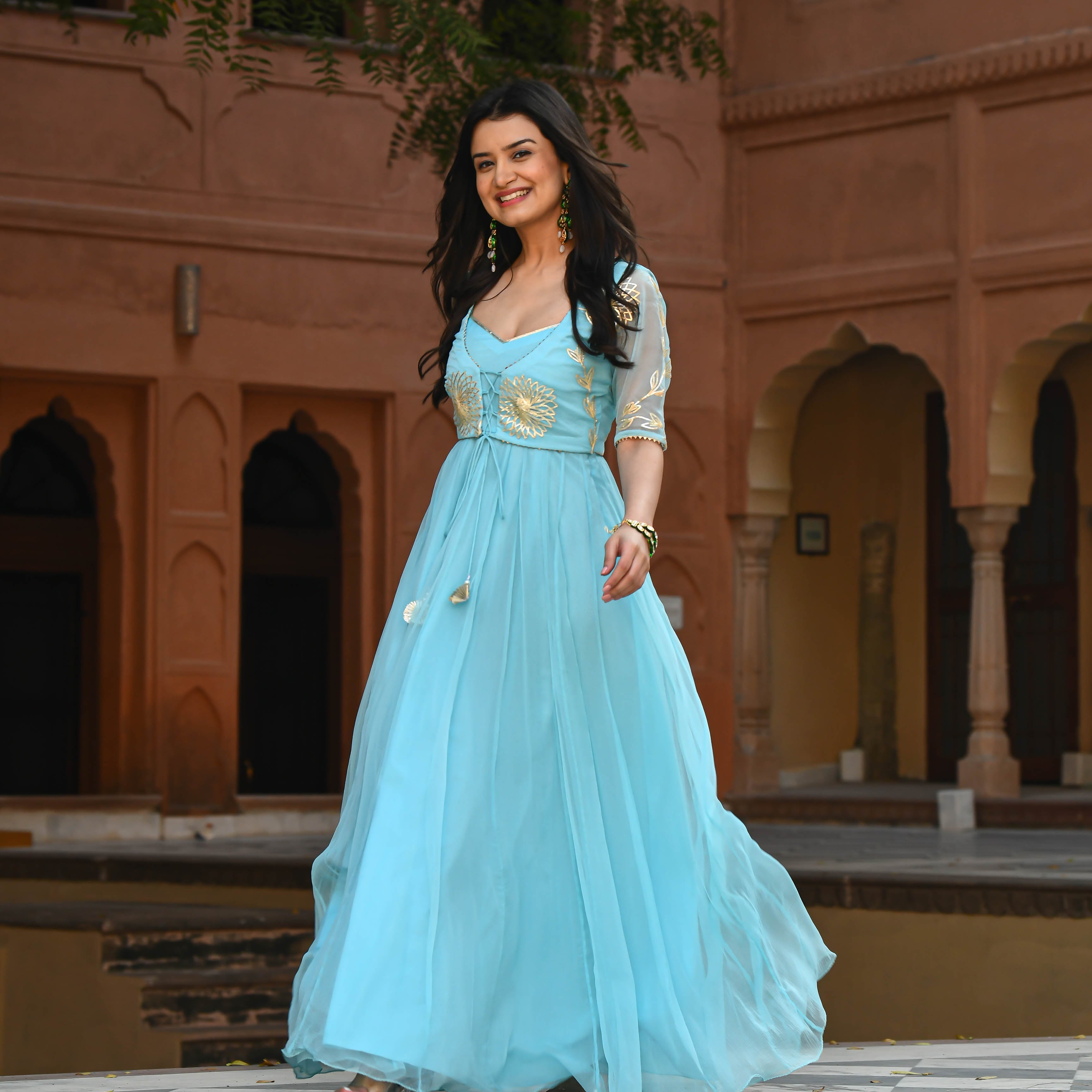 Turq Blue Gown In Satin With Handkerchief Layer And Embellished Bodice  Online - Kalki Fashion | Evening gowns, Party wear dresses, Indian wedding  outfits
